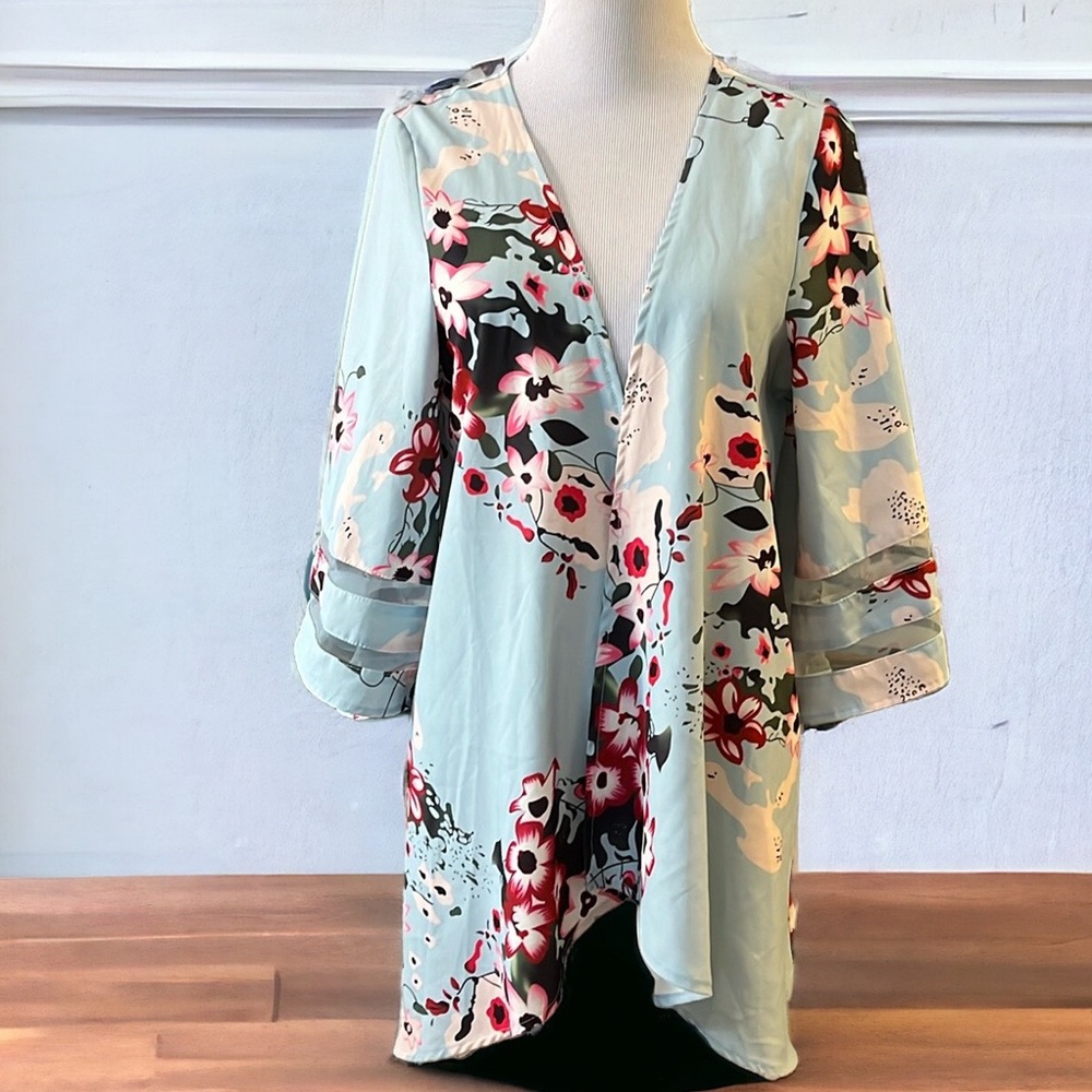 OPEN FRONT LOOSE KIMONO CARDIGAN MESH BELL SLEEVE BEACH COVER UP BLUE SIZE SMALL